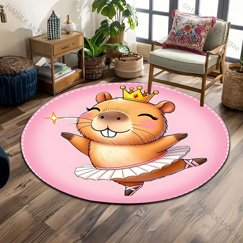 1PC Cute Capybaras Cartoon Print Round Carpet Floor Mat Suitable for Children's Bedroom Decor Living Room Round Rugs for Gifts