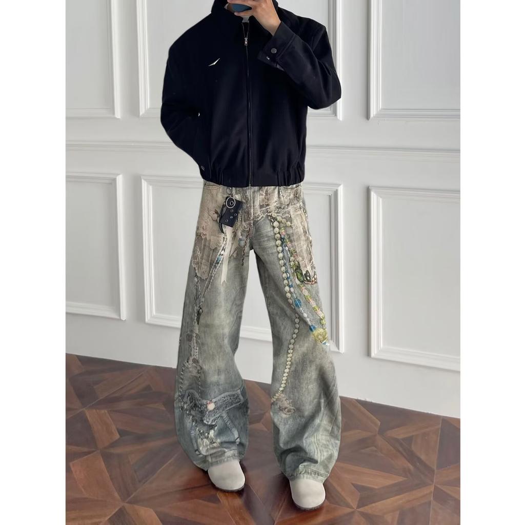 Men's Mid Rise Washed Cat Whisker Barrel Jeans Loose Wide Leg Denim Pants American Vintage High Street Y2K Casual Four Seasons Long Trousers