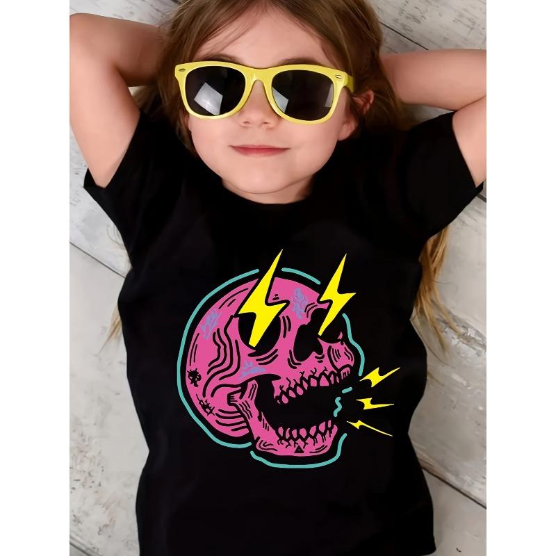 

European Size Summer Style Girls Cute Cartoon Inspired Creative Cartoon Skull Print Casual Short Sleeved T Hirt 98cm