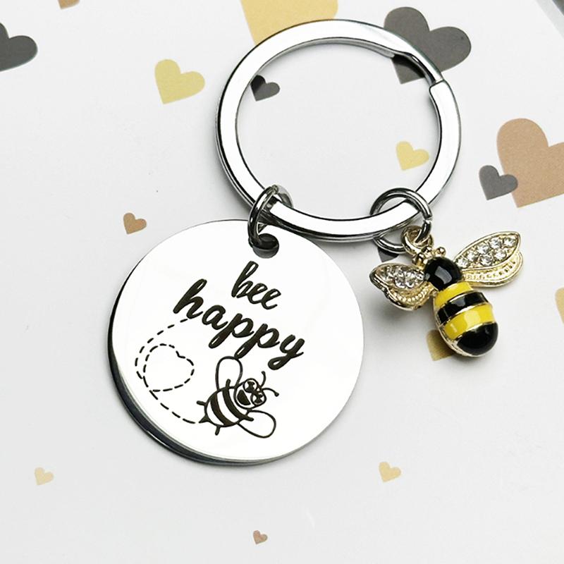 1Pcs Stainless Steel Bee Round Brand Keychain Backpack Car Key Accessories Decoration
