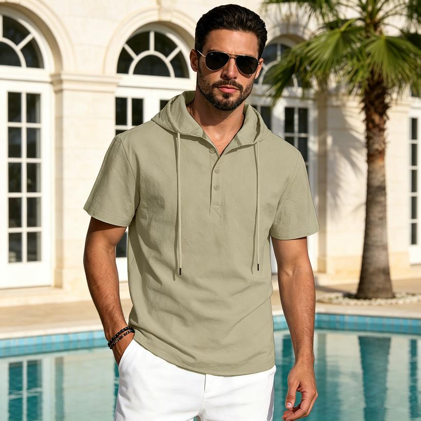 Men's Linen Short Sleeve T-Shirt Beach Casual Hooded Shirt Pure Color Shirt Comfortable Lightweight Breathable Summer Top