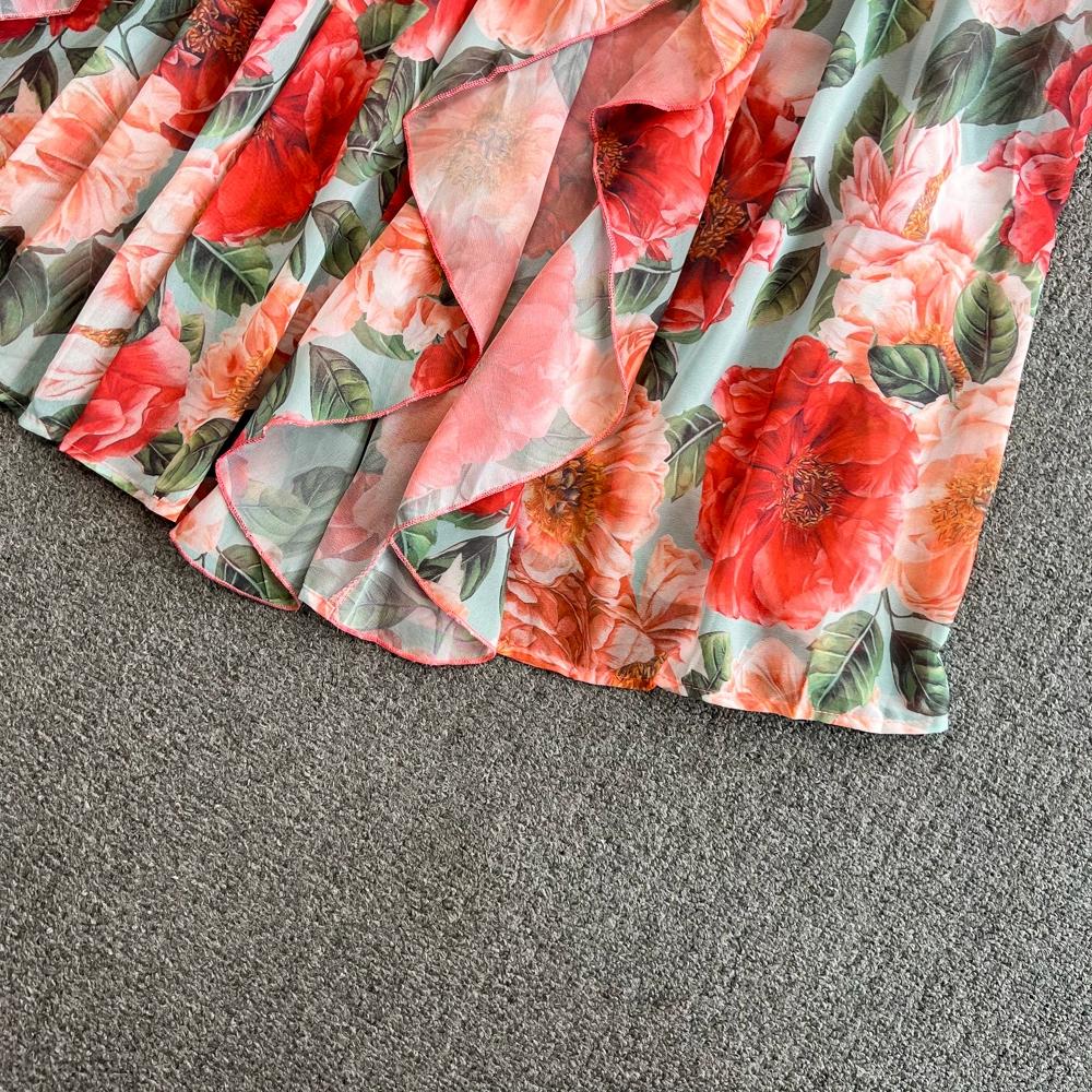 Robe longue style bohème pour femme, col en V, dos nu, taille haute, coupe trapèze, volants, imprimé, vacances en bord de mer