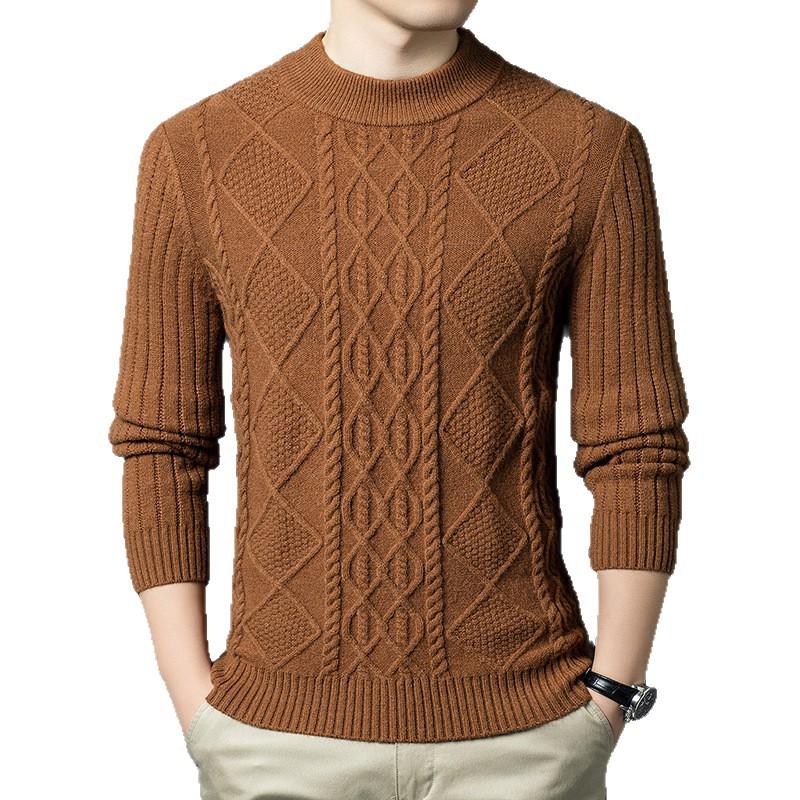Winter Men's Wool Blend Jacquard Sweater: Thickened Long Sleeve, Half-High Collar, Fashion Casual for All Ages