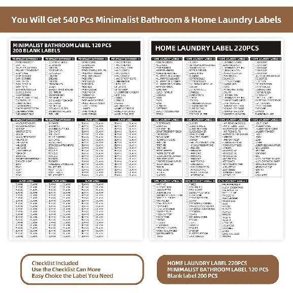 540 PCS Bathroom Home Laundry Labels for Organizing with DIY Blank Labels, Preprinted Minimalist Waterproof Oil Resistant Stickers for Bathroom