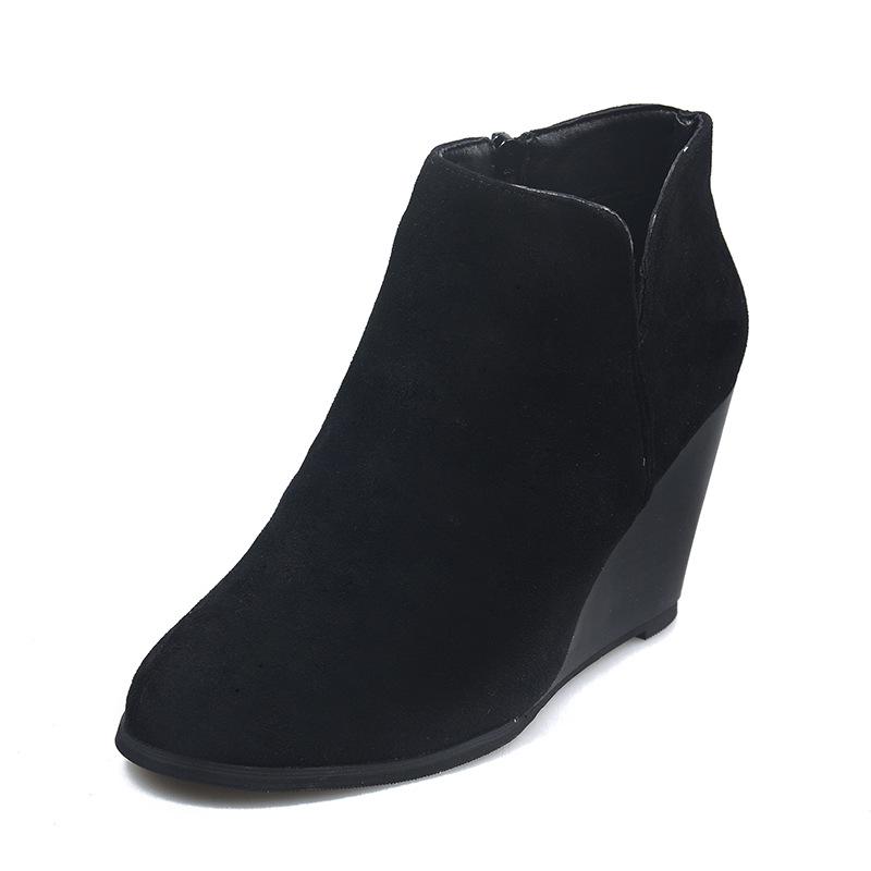 2021 Autumn/Winter Women's Large Size Wedge Leather Boots with Side Zipper