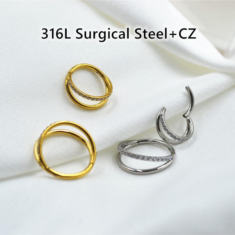 316L Steel Double Ring Micro-Paved Zircon Nose and Ear Stud for Cartilage and Conch Piercings