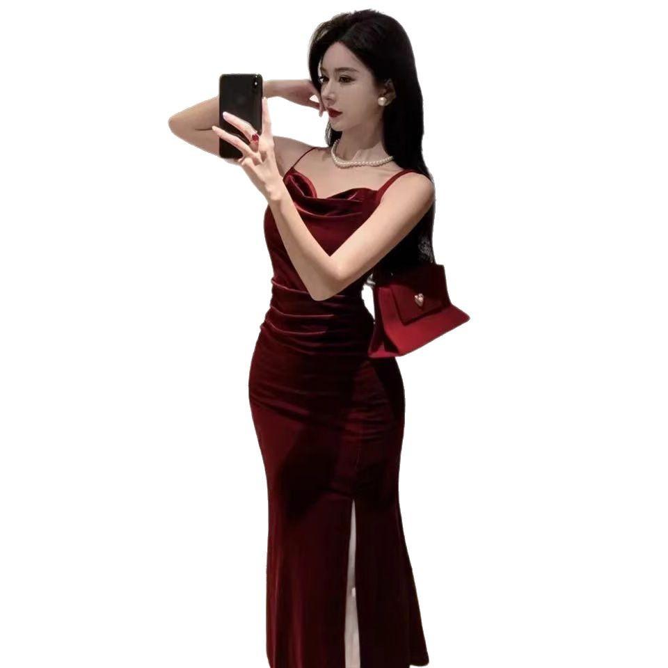 French gold velvet suspender dress women's summer sexy tight fishtail long dress split hip wrap dress dress