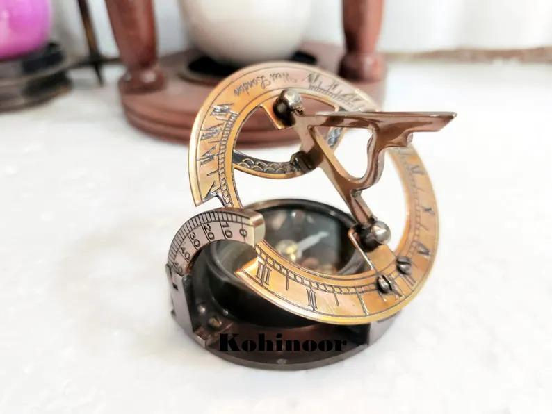 Solid Brass Sundial Compass 2.5" with Leather Case