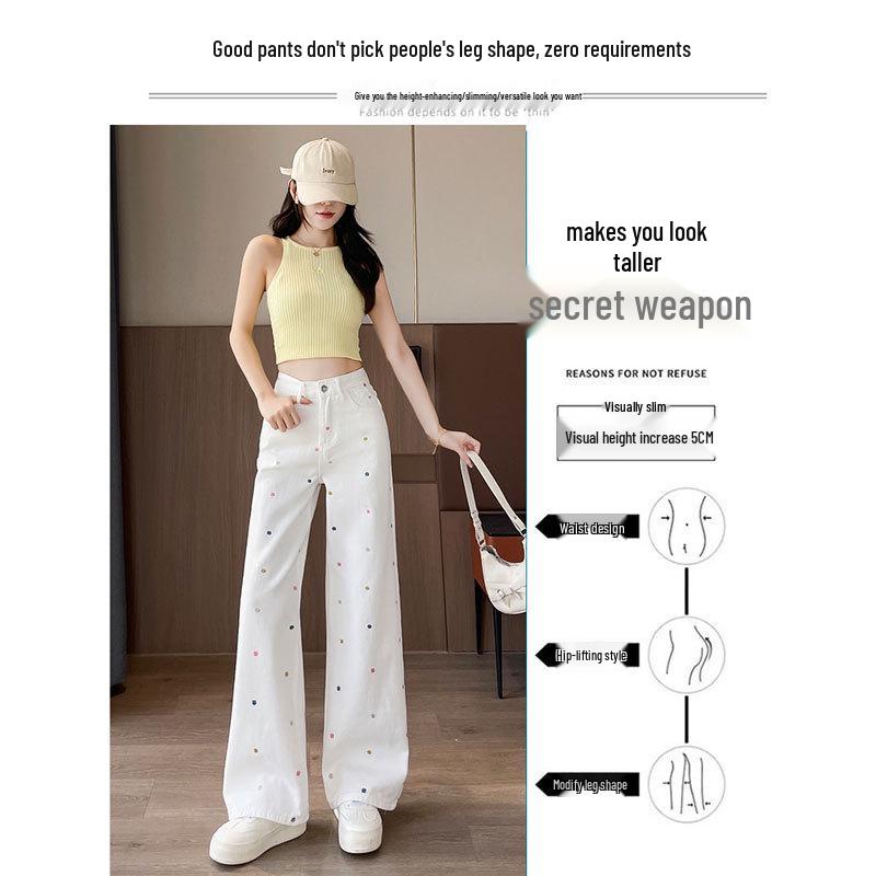 Petite Plus Size Winter White Floral Embroidered Wide Leg Jeans