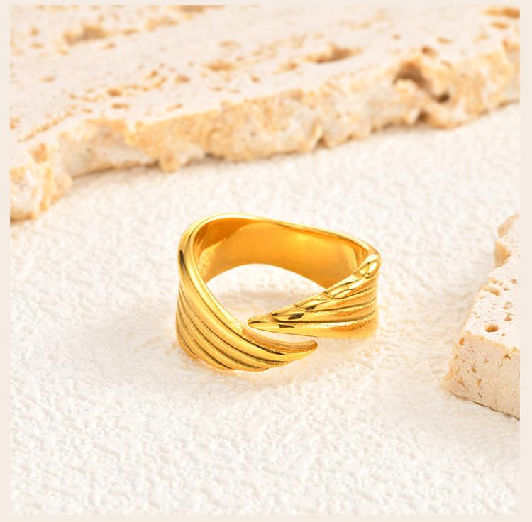 Adjustable Angel Wings Ring for Women, 18K Gold Plated Stainless Steel Wrap Bypass Band, Waterproof Jewelry