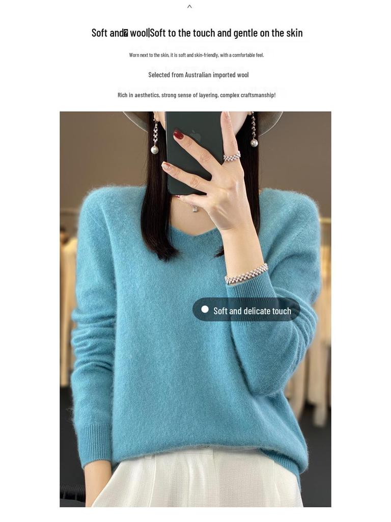 Women's V-Neck Seamless Wool Sweater - Loose, 100% Cashmere Knit for Autumn/Winter
