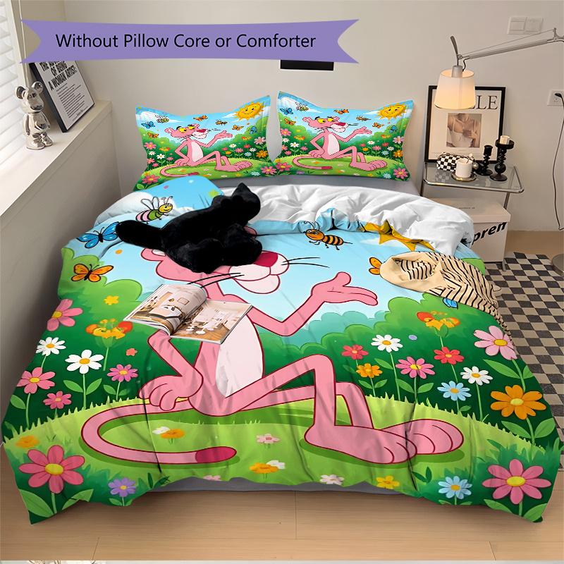3-teiliges Pink Panther Blumen-Bettwäscheset - Wohnaccessoires für Schlafzimmer, Gästezimmer, Wohnzimmer & Hotel - Perfektes Geschenk für Fans, Reisende, Da