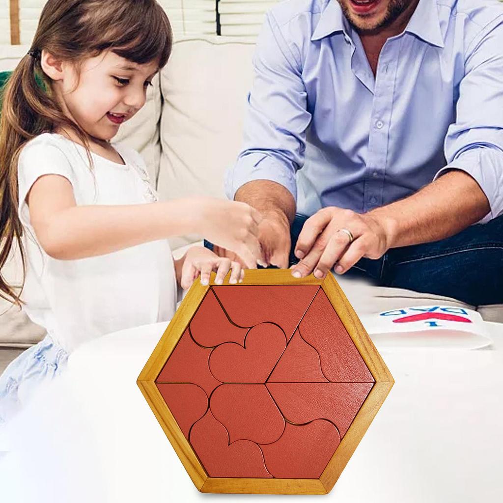 Quebra-cabeça hexágono tangram - quebra-cabeças de madeira para cérebro - jogos de cérebro em forma de geometria para crianças pequenas, jogo de quebra-cabeças portátil para família