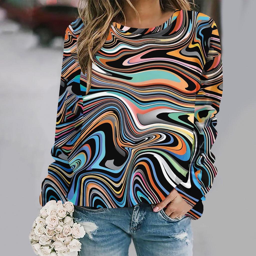 Autumn and winter round neck long sleeved print elegant and casual loose fit