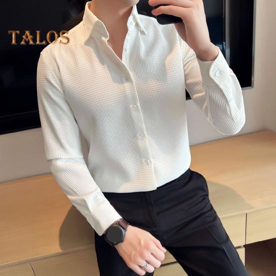 Men Spring Fall Shirt Frence Style Turn-down Collar Slim Fit Waffle Texture Single-breasted Long Sleeves Pure Color Mid Length Young Formal Business