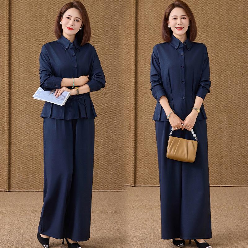 

Elegant Navy Blue Two-Piece Set for Women: Long-Sleeve Shirt & Wide-Leg Pants, Slimming & Fashionable 2XL (recommended 50-60 kg)