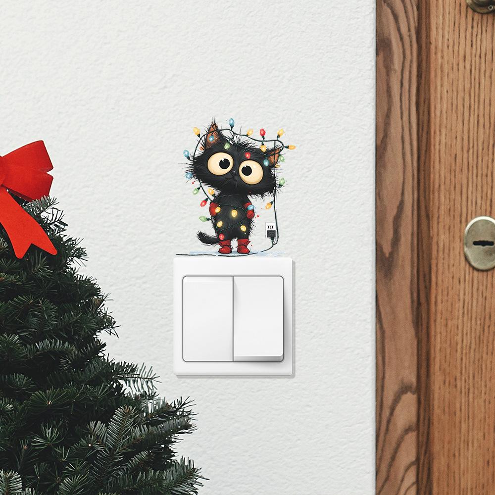 Black Cat with String Lights Switch Plate Sticker Creative Holiday Home Decor Removable Self-Adhesive Decal