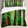 Woodland Duvet Cover Redwood Trees Northwest Rain Forest Tropical Scenic Wild Nature Decorative Bedding Set Brown Green Adults