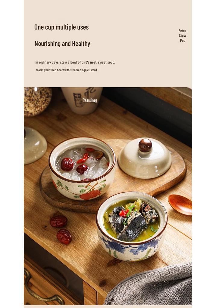Chinese Retro Ceramic Single-Serve Stew and Soup Pot with Lid
