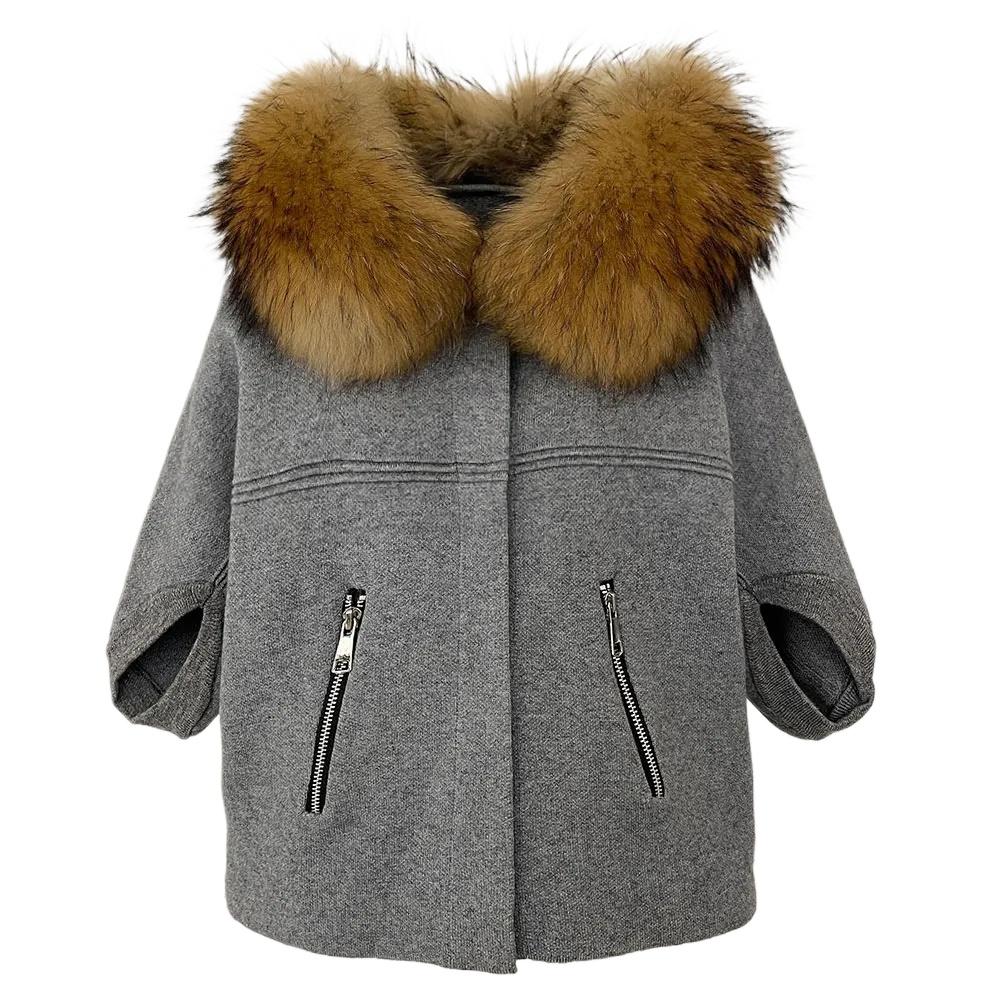 OFTBUY 2024 Herbst Winter Echt Fuchs Waschbär Pelz Kragen Mantel Gestrickte Pullover Frauen Kurzarm Jacke Dicke Warme
