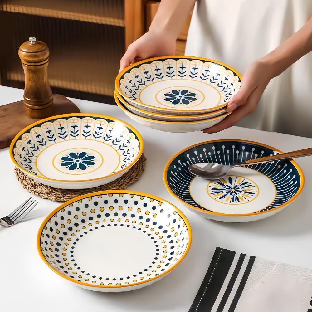 4 Pcs Ceramic 8-inch Discs, Japanese Dining Table Serving Plates, Relief Craft Salad Pasta Plates