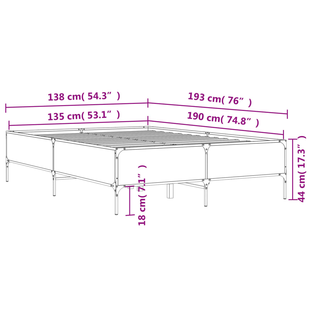 Bed Frame in Smoked Oak 135 x 190 cm Made of Wood Based Panel and Metal