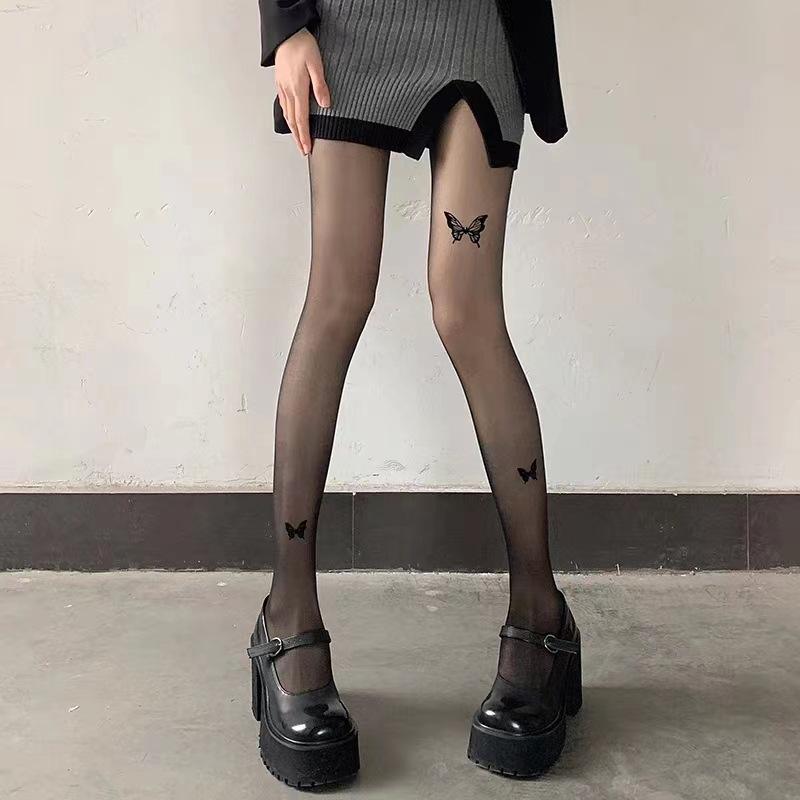 New spring and summer ultra-thin white stockings jk jacquard love stockings meat-through lace sexy pantyhose black silk