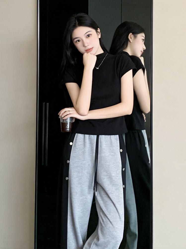 

European Casual Sports Set for Women: Summer 2026, Slimming Black T-shirt and Wide-Leg Pants Two-Piece Outfit XL