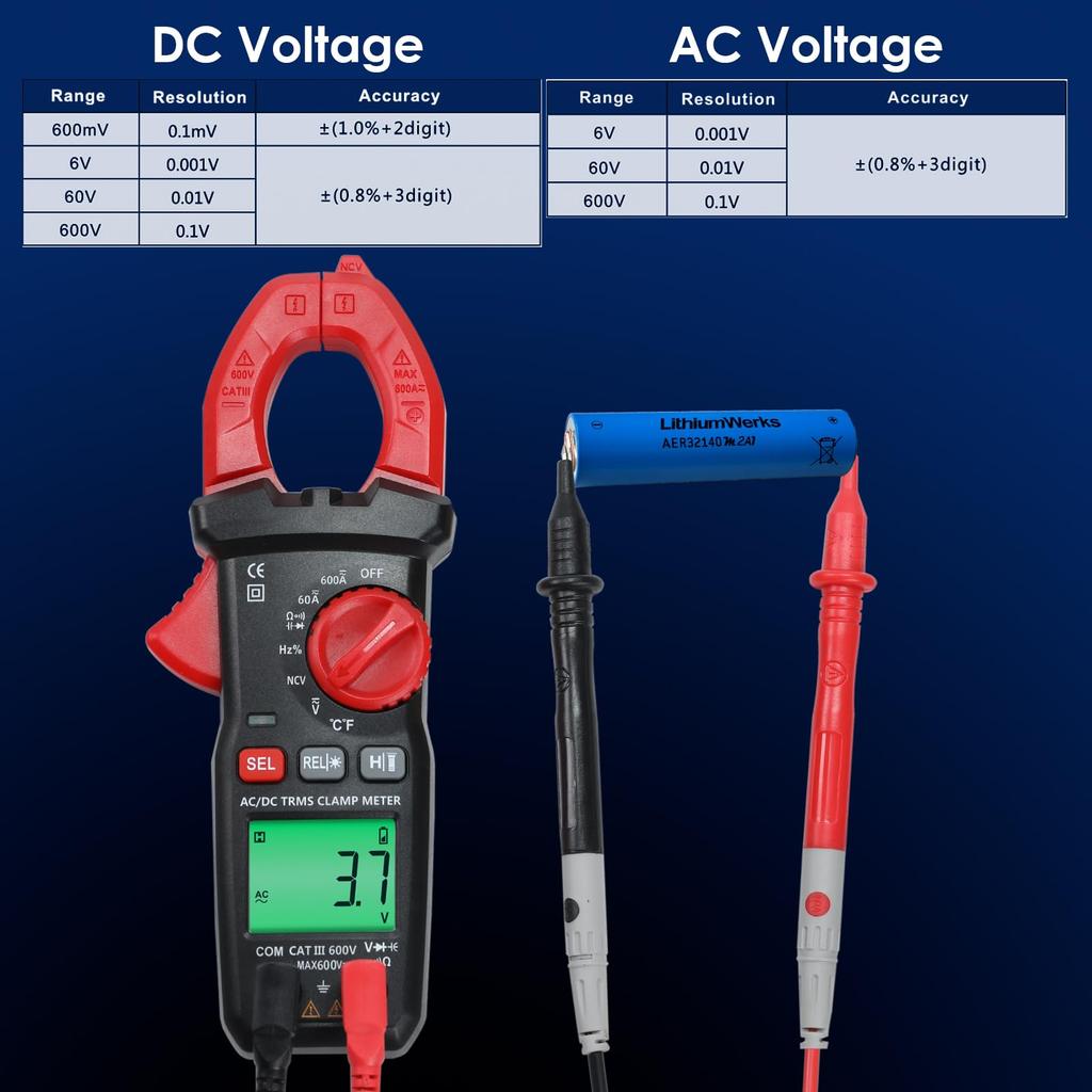Digital Clamp Meter Multimeter Voltage Tester with Detection and LCD Backlight for Electricians AC/DC Current/Voltage, Temperature, Capacitance,