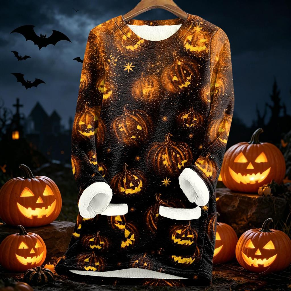 Long Sleeve Fleece Lined Pullover Sweatshirt with Halloween Print Thickened Sherpa Lining Warm Casual Loose Fit Top for Women Autumn Winter