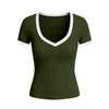 Women Short Sleeve V Neck Fitted T Shirt Trim Ribbed Knit Top for Casual Daily Wear S to XL