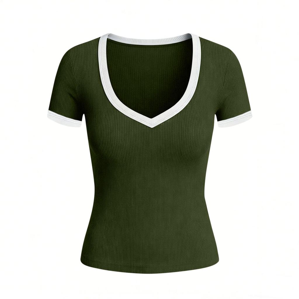 Women Short Sleeve V Neck Fitted T Shirt Trim Ribbed Knit Top for Casual Daily Wear S to XL