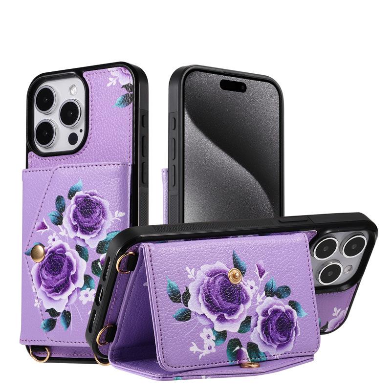 Flower Crossbody Card Holder Case with Lanyard for iPhone 13, 14, 16, 17 Pro