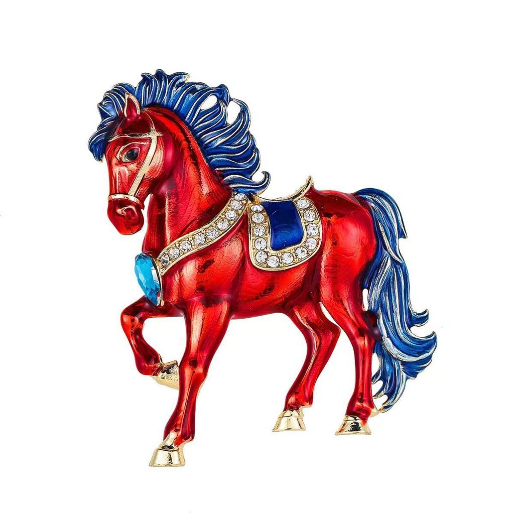 Elegant Zodiac Horse Brooch: Diamond-Inlaid Enamel Lapel Pin Accessory
