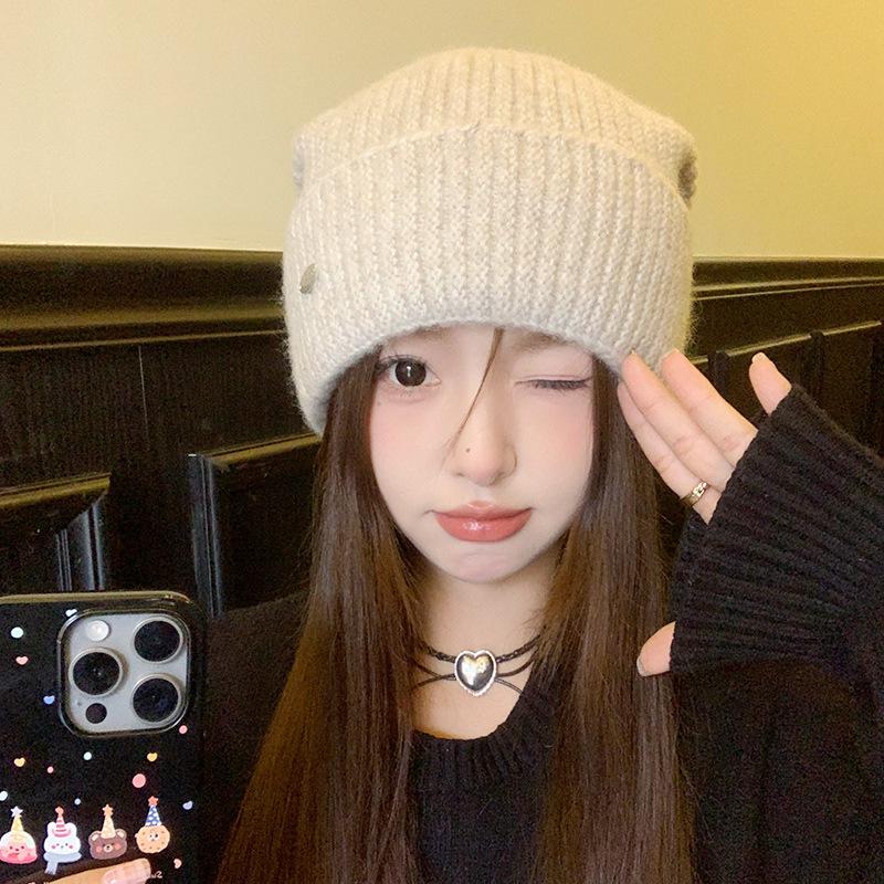 The Knitted Hat for Women with Autumn and Winter Versatile Thickened Face Protecting Small Wool Hat Ear Protection Cold Proof Pullover Hat