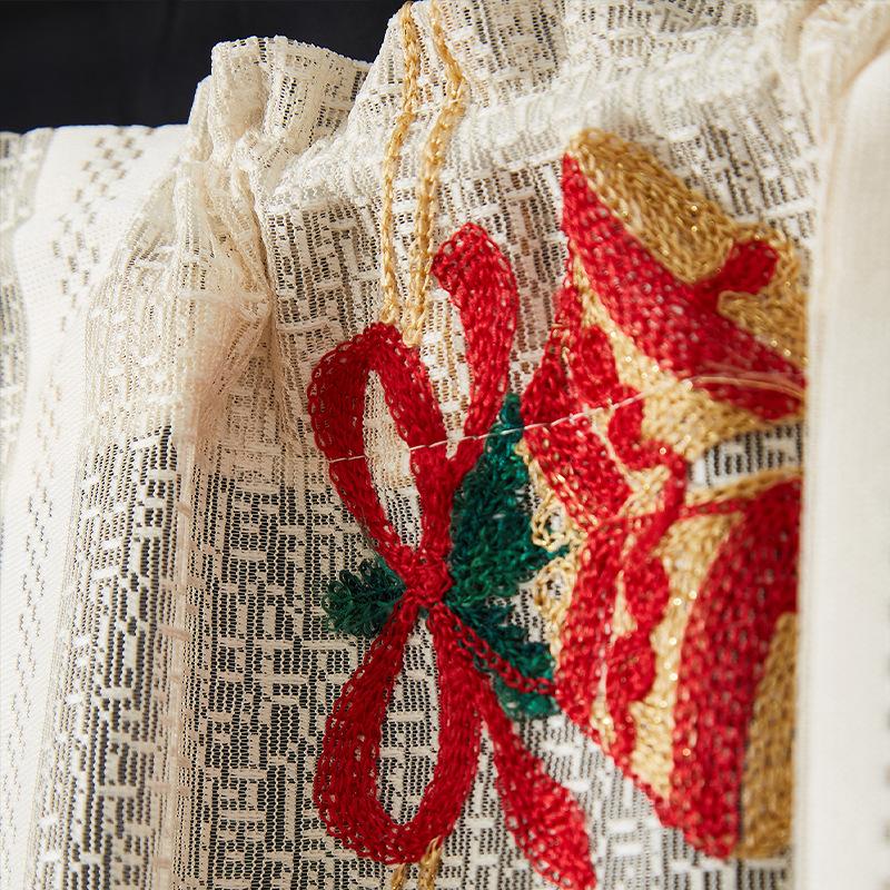 Cortinas de Natal Americanas, Renda Bordada com Sino Blackout Retangular Embeleza Cortina Decorativa para Café