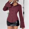 European and American Summer New Style Lapel Slim Striped Bell Sleeve Casual Shirt for Women