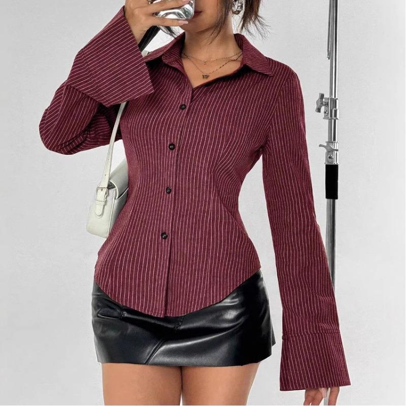 European and American Summer New Style Lapel Slim Striped Bell Sleeve Casual Shirt for Women