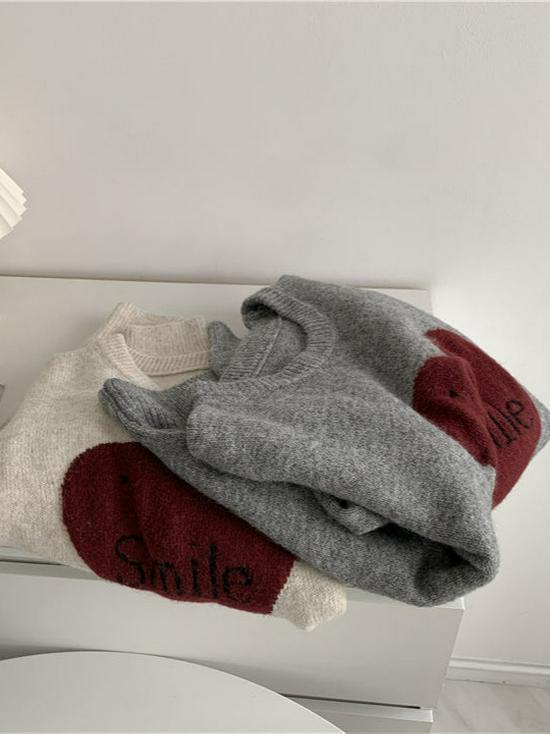 Korean Style Love Jacquard Couples' Knit Pullover - Women's Autumn/Winter Loose Long Sleeve Sweater