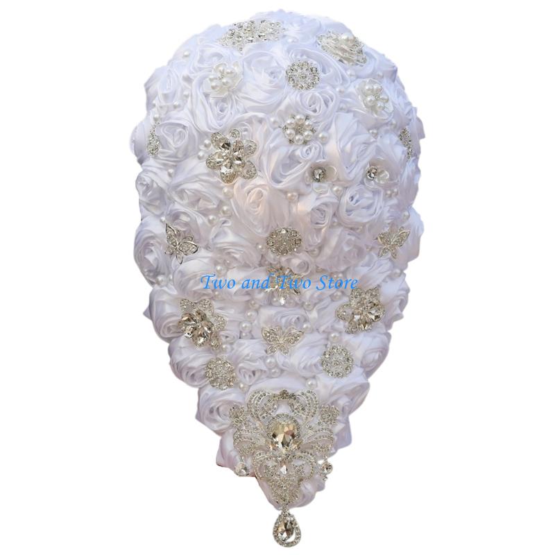 HX6F Elegant Golden Rhinestones Cascading Bride Bouquet Waterfall Wedding Party