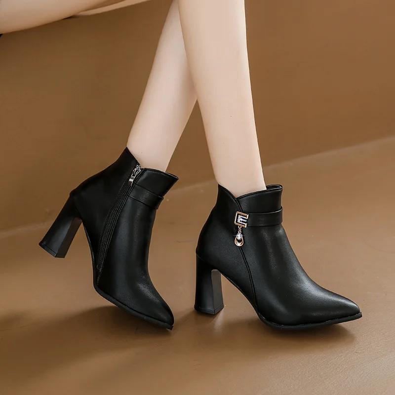 Fashion Fashion Women Short Boots Autumn and Winter New Pointed Side Zipper High Heel Ankle Boots Botines De Mujer Ladies Leather Boots