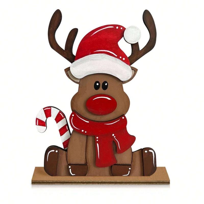 

1pc Christmas Printed Wooden Reindeer Red Shelf Candy Cane Home Decor Tabletop Decoration,Christmas Table Decorations