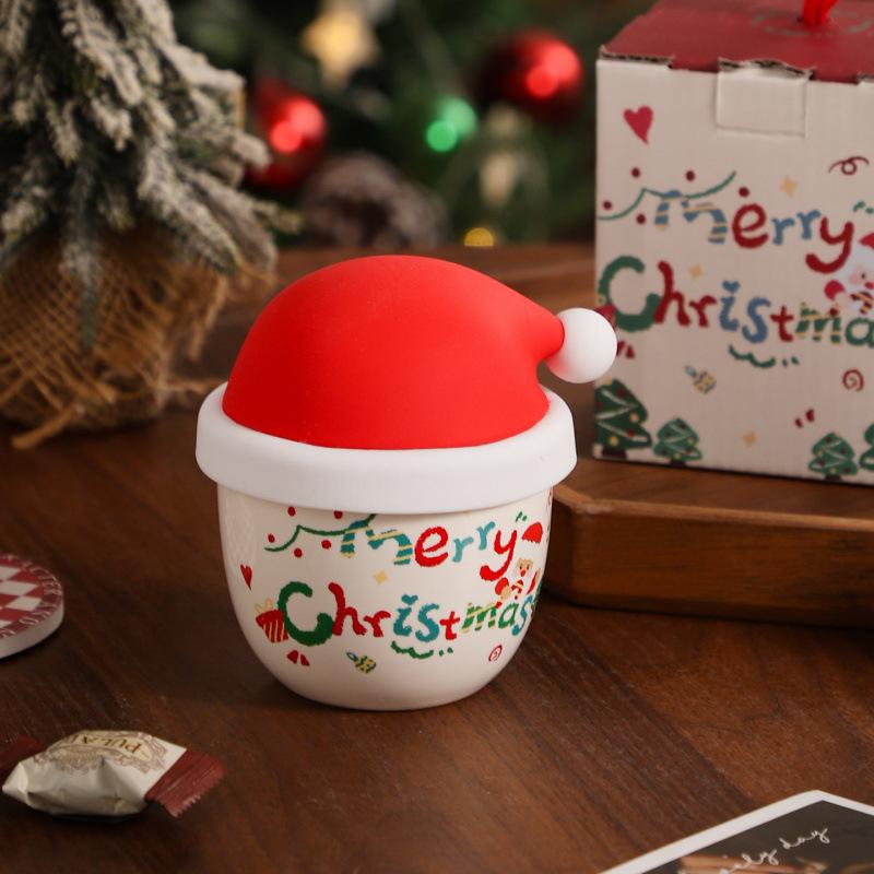 High-value cute creative water cup Christmas hat cup Girls ceramic mug Office coffee cup with lid gift