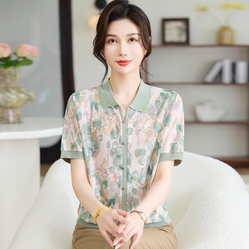 Mom's Ice Silk Short-Sleeve Blouse | Stylish Summer Knit T-shirt for Middle-Aged & Elderly Women