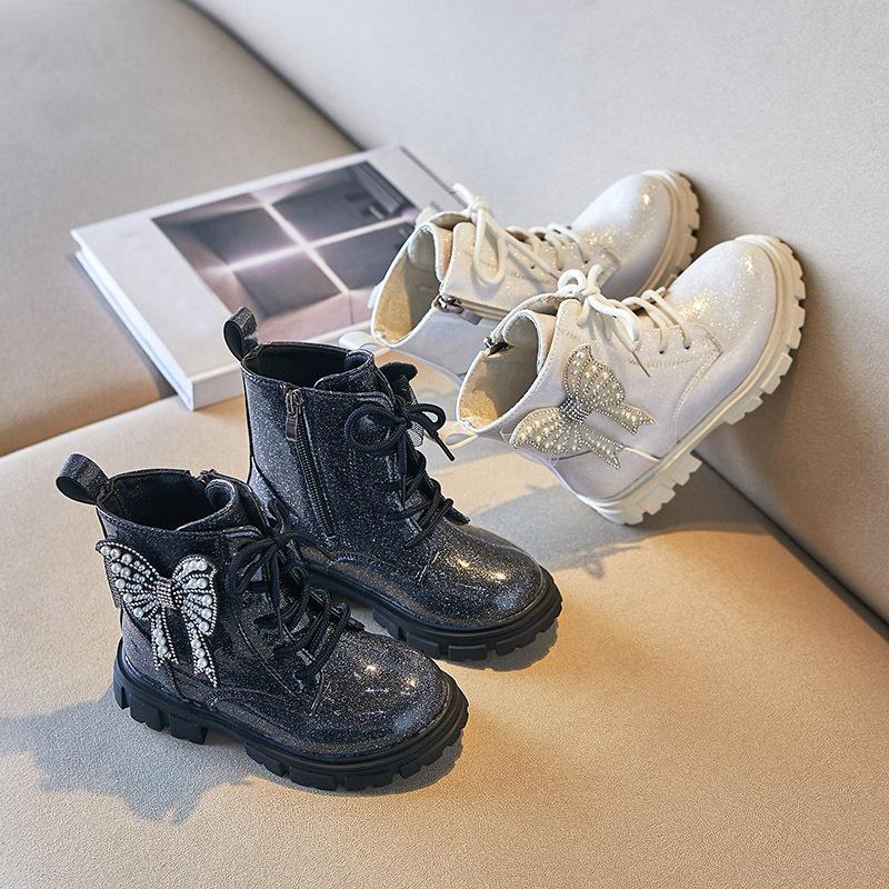 Botines Girl Boot Autumn Winter Bow Princess Shoe Fashion Glitter Shiny Ankle Boot Soft Sole Non-Slip Kid Shoe Botas