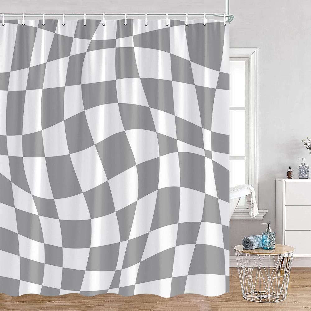 Colorful Checkerboard Shower Curtain Black White Blocks Distorted Chess Board Bathroom Curtain Modern Abstract Bath Decorations