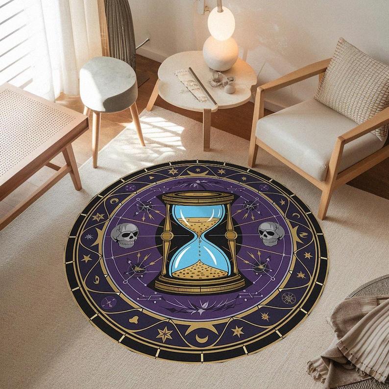 Memento Mori Hourglass Skull Round Rug, Gothic Esoteric Time Symbol Carpet, Washable Dark Decor for Witchy Academia Theme Gift Diameter 100cm
