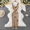 French three-dimensional flower V-neck knitted suspender dress women's summer Muse fan slim and thin hip-wrapped long skirt