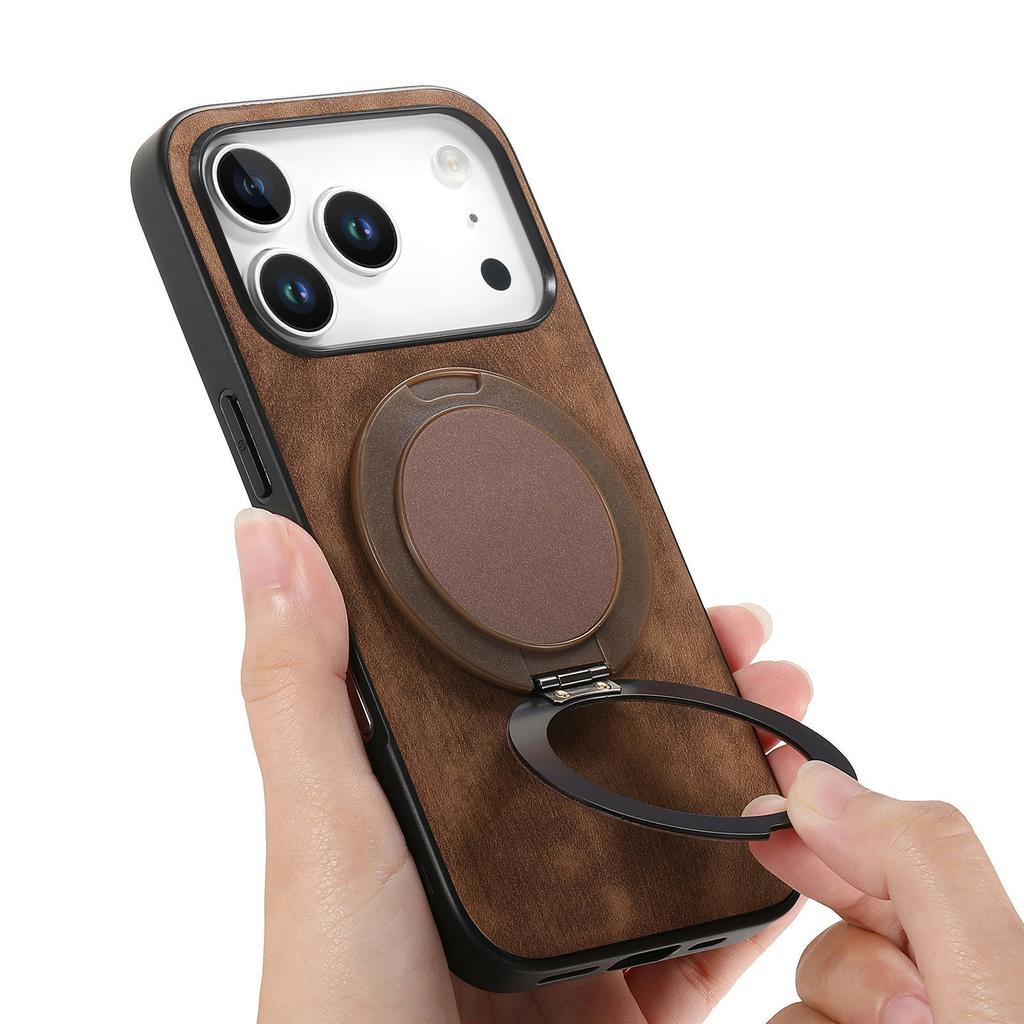 For iPhone 17 Pro Phone Case with Rotating Kickstand Stress Relief Retro Leather Back Cover