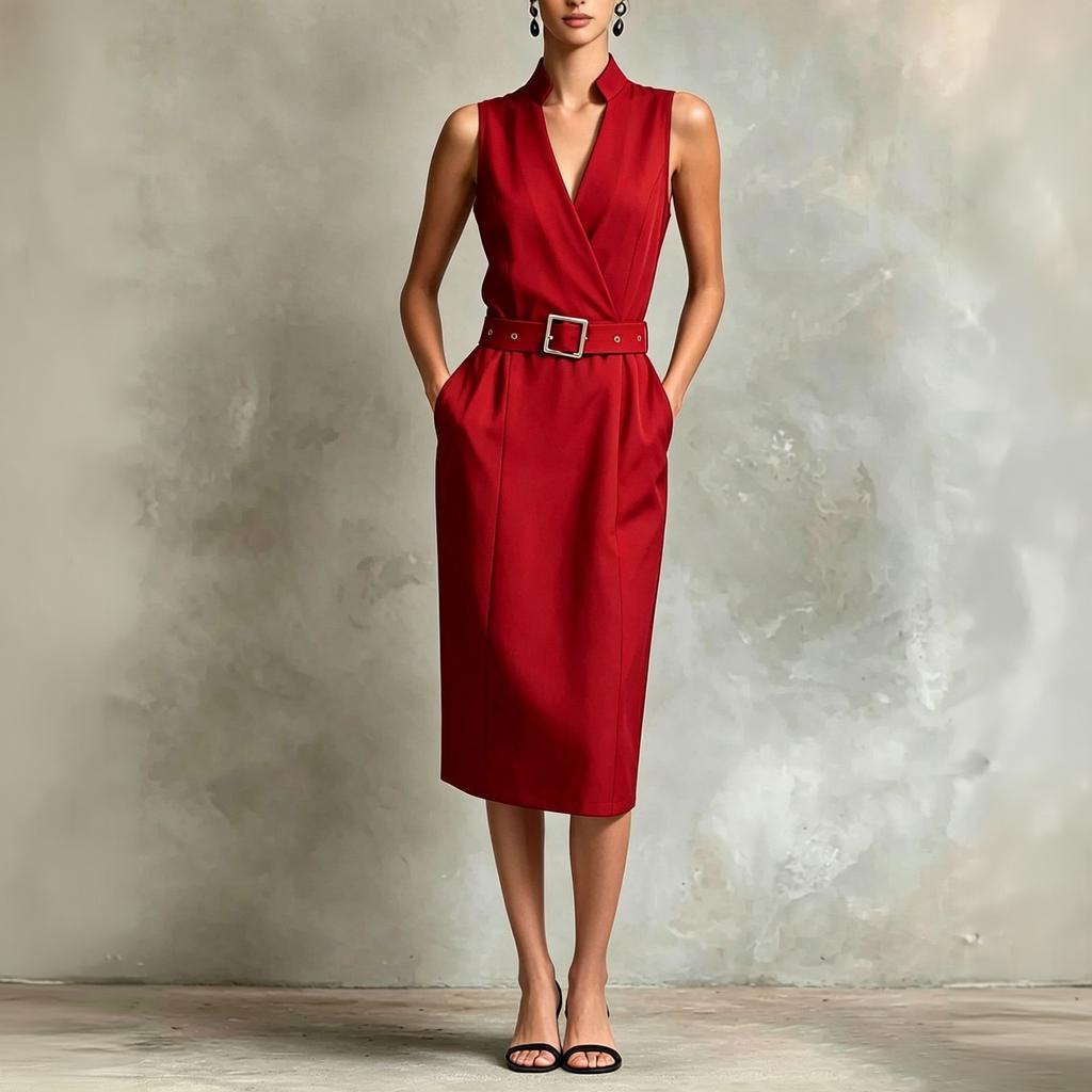 Women's Sleeveless Dress with Pockets and Belt, Casual Summer Outfit
